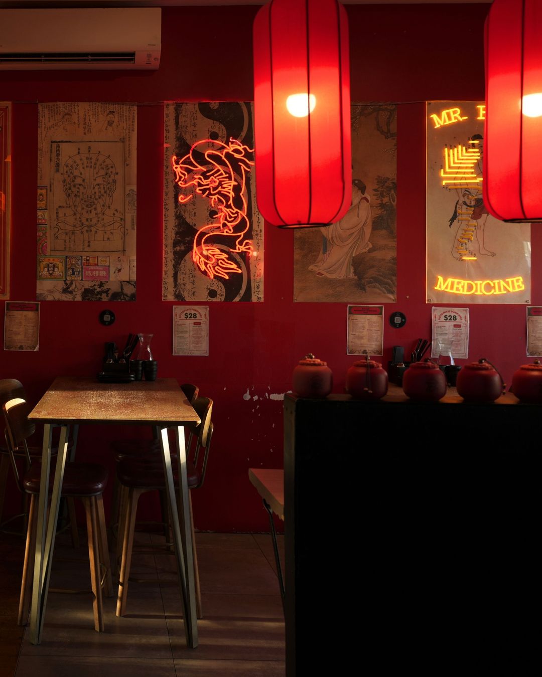 High tables under the lanterns